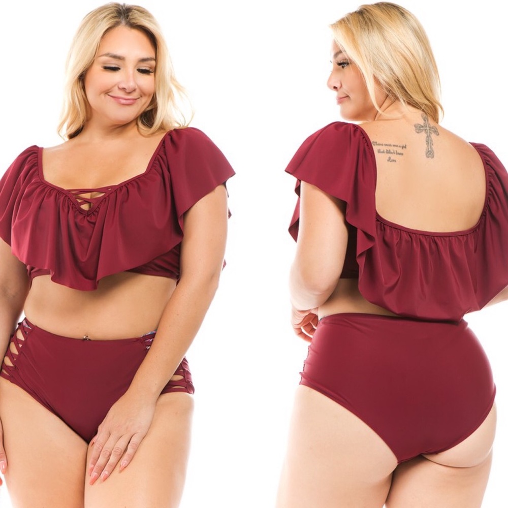 Plus Burgundy Ruffled Top Lattice Swimsuit